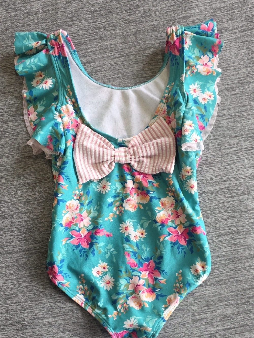 Ruffle Butts Teal Floral One-Piece Swimsuit with Pink Ruffles Little Girl Size 5 - Picture 3 of 8